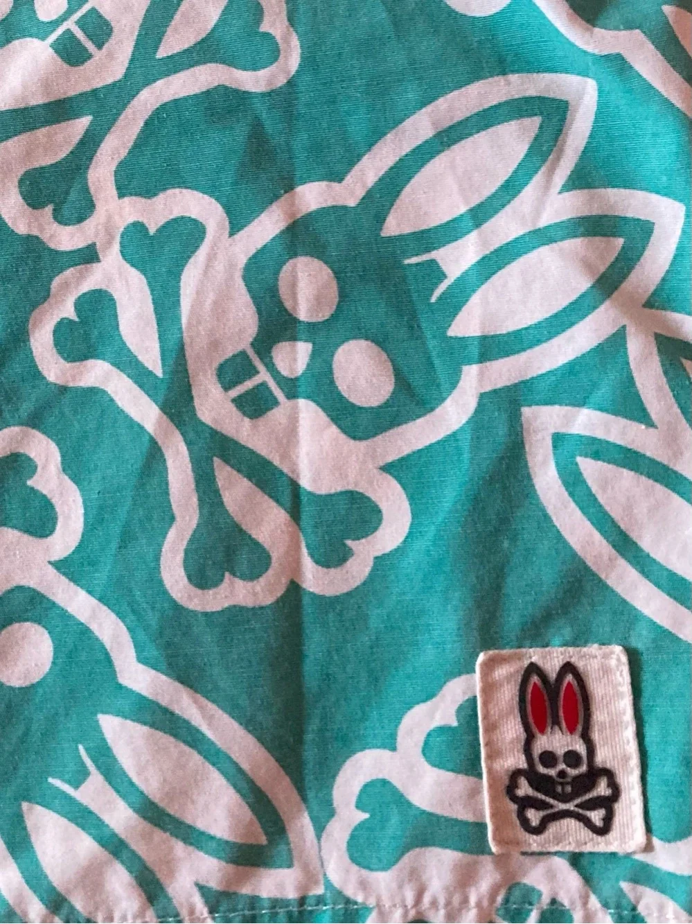 Psycho Bunny SZ XL boys Teal and White Bunny-and-Bones Swim Shorts